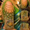 Green Peacock Aari Blouse buff sleeve with pearl chains jhumka and Maggam embroidery