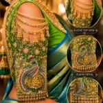 Green Peacock Aari Blouse buff sleeve with pearl chains jhumka and Maggam embroidery