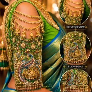 Green Peacock Aari Blouse buff sleeve with pearl chains jhumka and Maggam embroidery