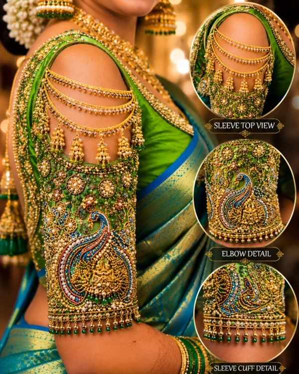 Green Peacock Aari Blouse buff sleeve with pearl chains jhumka and Maggam embroidery