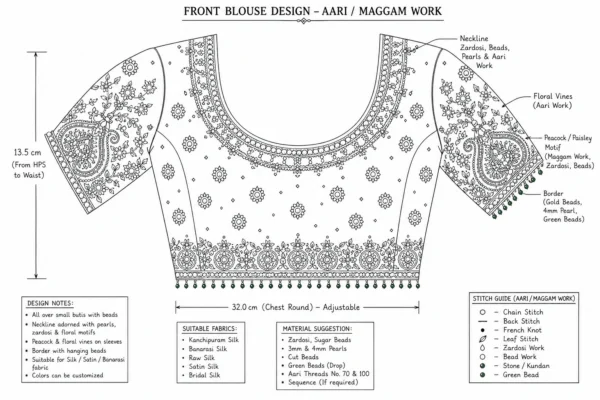 Green Peacock Aari Bridal Blouse front paper tracing design for Aari embroidery workers