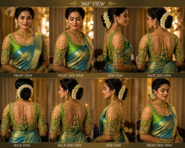 Green Peacock Aari Bridal Blouse 360 degree view showing front back and sleeve embroidery