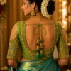 Green Peacock Aari Bridal Blouse back view with deep U neck and bridal Maggam Work