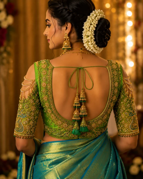 Green Peacock Aari Bridal Blouse back view with deep U neck and bridal Maggam Work