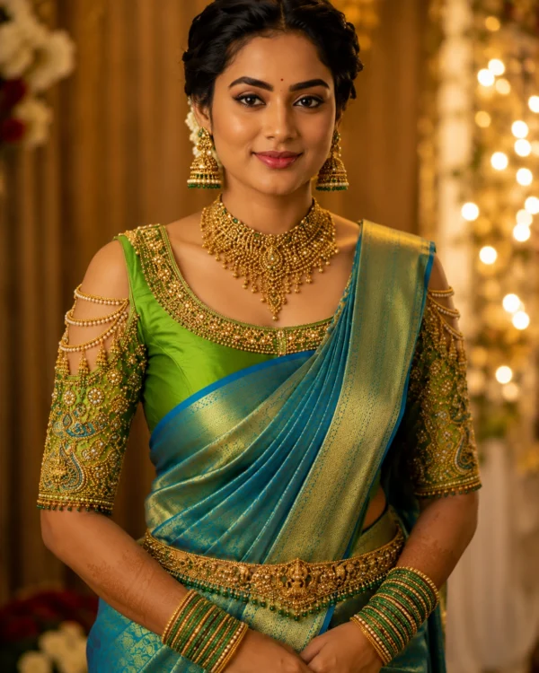 Green Peacock Aari Bridal Blouse front view with floral embroidery and buff sleeves