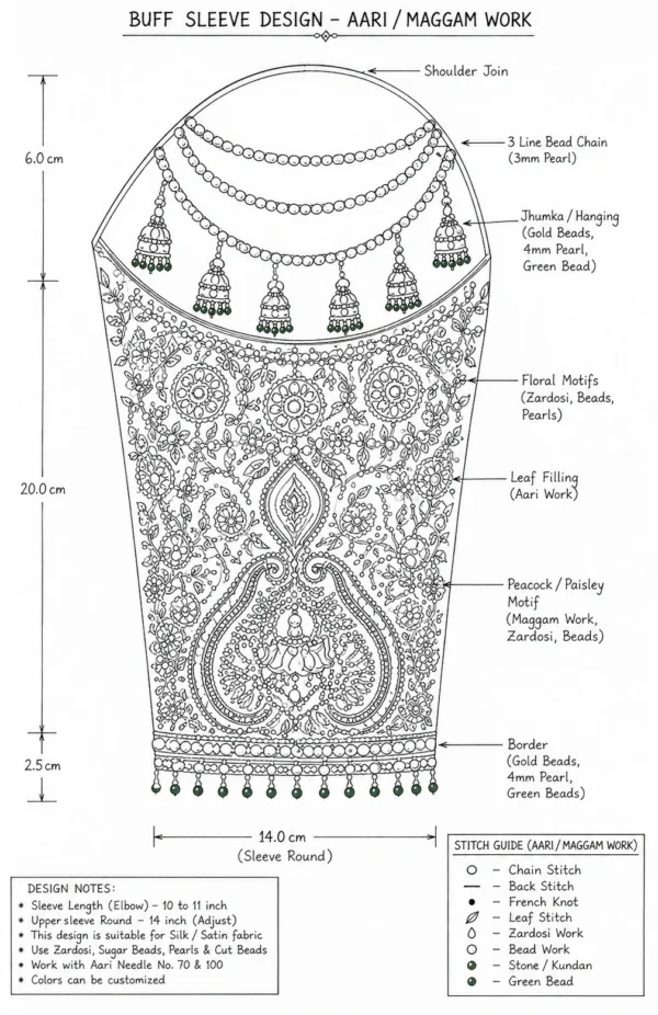Green Peacock buff sleeve Aari paper tracing design with jhumka pearl and paisley motifs