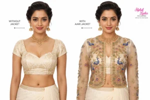 Ivory Peacock Royal Invisible Aari Jacket detachable transparent organza bridal jacket with handcrafted royal peacock Aari embroidery