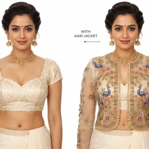Ivory Peacock Royal Invisible Aari Jacket detachable transparent organza bridal jacket with handcrafted royal peacock Aari embroidery