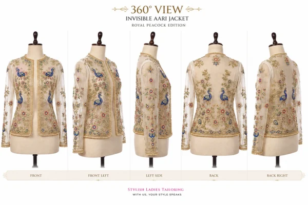 360 degree view of Ivory Peacock Royal Invisible Aari Jacket handcrafted with traditional Aari work