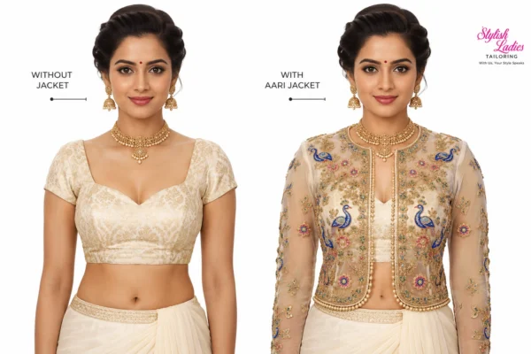 Ivory Peacock Royal Invisible Aari Jacket detachable transparent organza bridal jacket with handcrafted royal peacock Aari embroidery