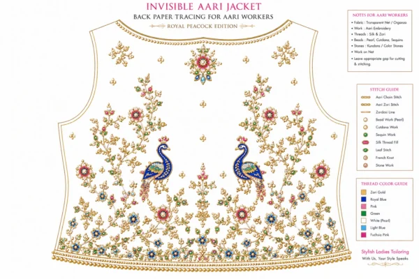 Back paper tracing design for Ivory Peacock Royal Invisible Aari Jacket embroidery pattern