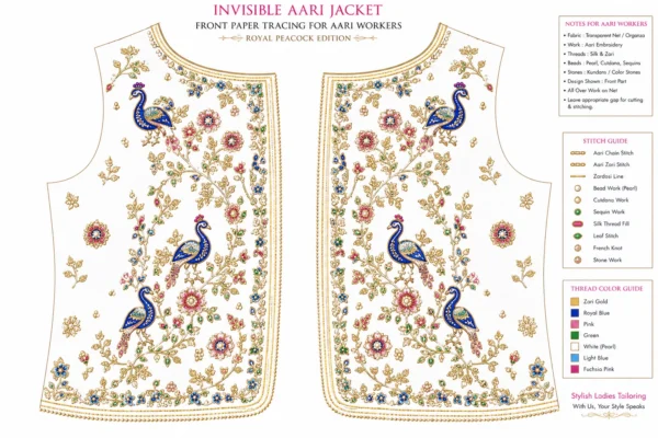 Front paper tracing design for Ivory Peacock Royal Invisible Aari Jacket Aari workers