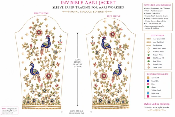Sleeve paper tracing design of Ivory Peacock Royal Invisible Aari Jacket for Aari embroidery