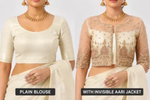 Ivory Temple Heritage Invisible Aari Jacket with handcrafted temple motif embroidery on transparent organza for South Indian bridal wear