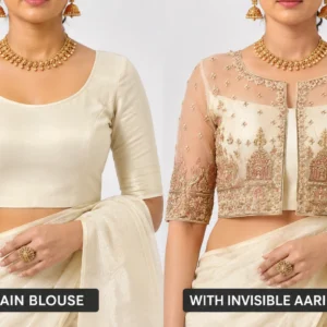 Ivory Temple Heritage Invisible Aari Jacket with handcrafted temple motif embroidery on transparent organza for South Indian bridal wear