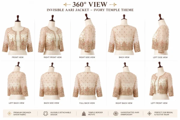 360 degree view of Ivory Temple Heritage Invisible Aari Jacket showing front, back and side embroidery details