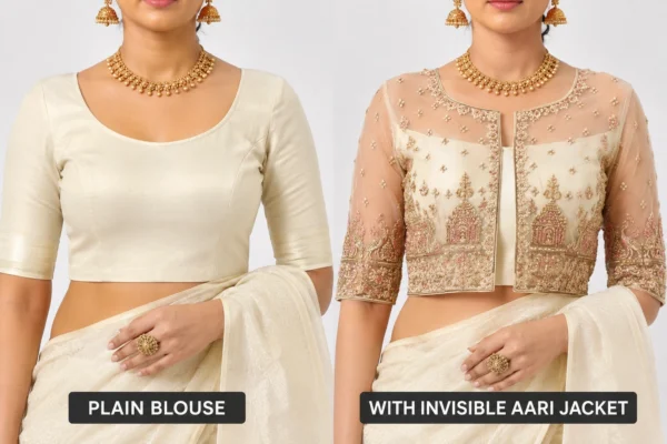 Ivory Temple Heritage Invisible Aari Jacket with handcrafted temple motif embroidery on transparent organza for South Indian bridal wear