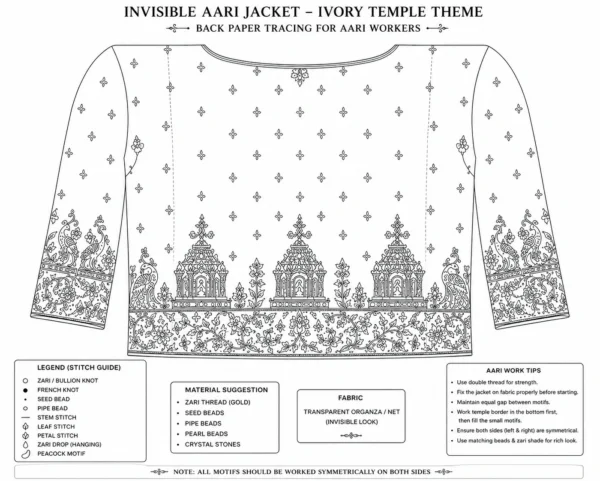 Back view of Ivory Temple Heritage Invisible Aari Jacket featuring temple border and floral embroidery