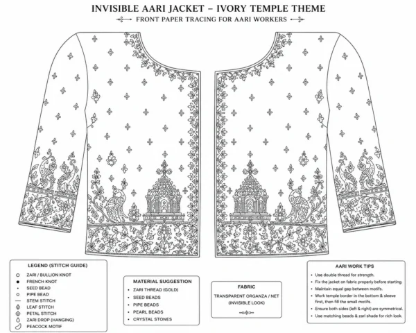 Front view of Ivory Temple Heritage Invisible Aari Jacket with premium handcrafted Aari embroidery