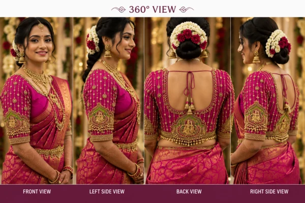 Magenta Bridal Aari Blouse 360 degree view with gold beadwork and traditional bridal embroidery