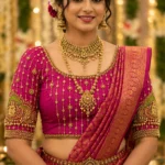 Magenta Bridal Aari Blouse front view with gold beadwork and floral Maggam embroidery