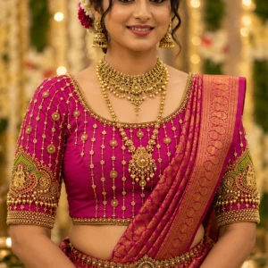 Magenta Bridal Aari Blouse front view with gold beadwork and floral Maggam embroidery