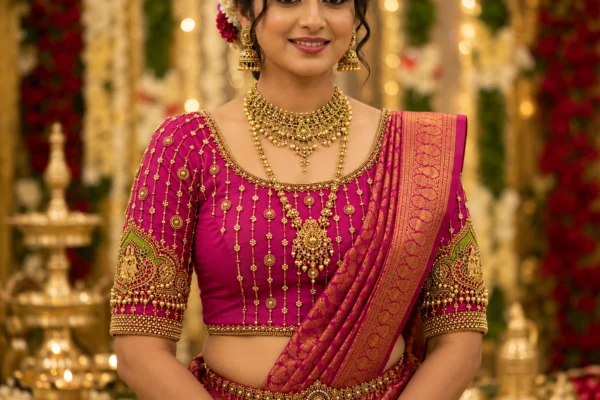 Magenta Bridal Aari Blouse front view with gold beadwork and floral Maggam embroidery