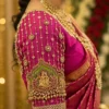 Magenta Bridal Aari Blouse sleeve with intricate gold Aari Embroidery and Maggam Work