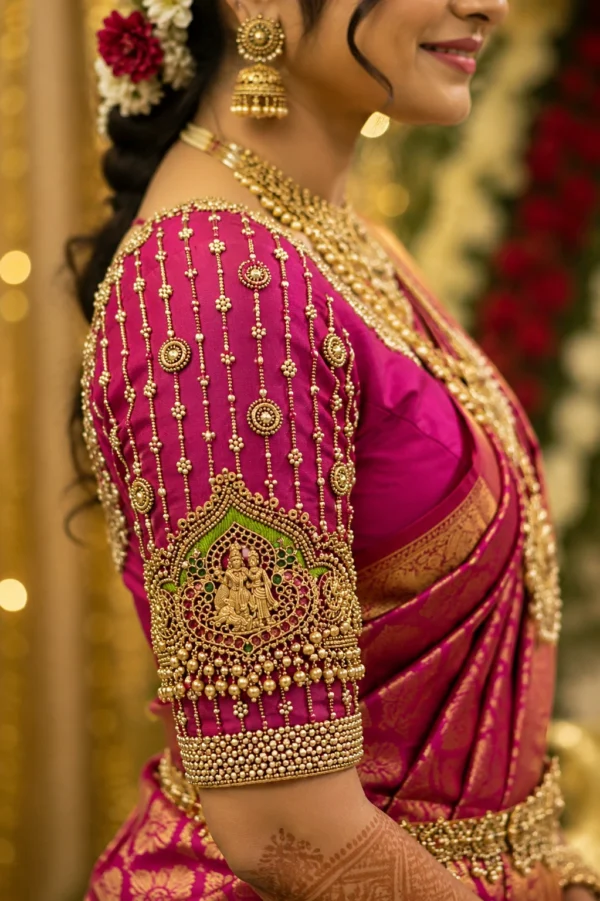 Magenta Bridal Aari Blouse sleeve with intricate gold Aari Embroidery and Maggam Work
