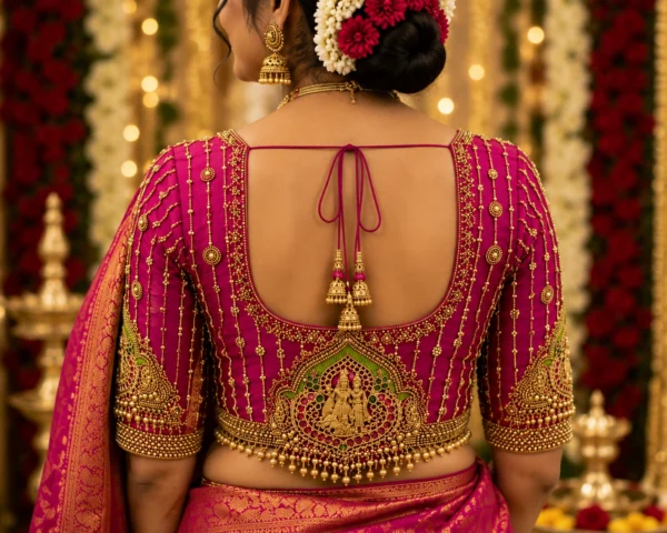 Magenta Bridal Aari Blouse back view with temple motif, gold Aari embroidery and dori latkan