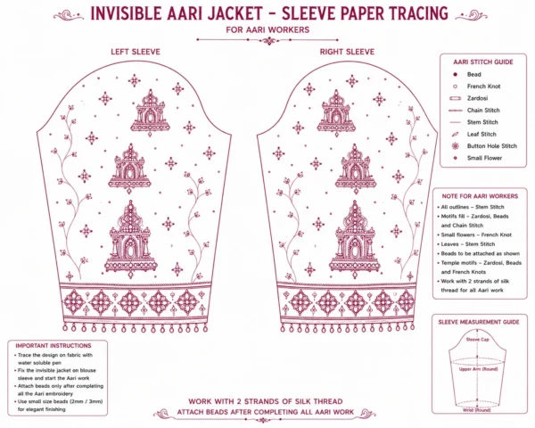 Magenta Temple Heritage Invisible Aari Jacket with detachable transparent organza, handcrafted temple motif Aari embroidery, premium South Indian bridal designer overlay sleeve paper tracing