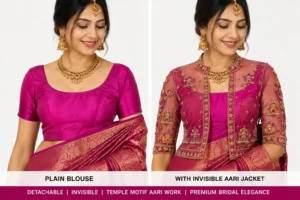 Magenta Temple Heritage Invisible Aari Jacket with detachable transparent organza, handcrafted temple motif Aari embroidery, premium South Indian bridal designer overlay.