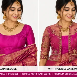 Magenta Temple Heritage Invisible Aari Jacket with detachable transparent organza, handcrafted temple motif Aari embroidery, premium South Indian bridal designer overlay.