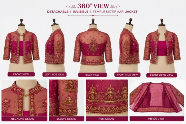 Magenta Temple Heritage Invisible Aari Jacket with detachable transparent organza, handcrafted temple motif Aari embroidery, premium South Indian bridal designer overlay 360 view