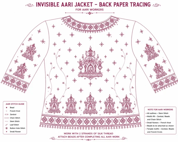Magenta Temple Heritage Invisible Aari Jacket with detachable transparent organza, handcrafted temple motif Aari embroidery, premium South Indian bridal designer overlay back paper tracing