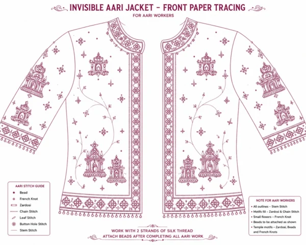Magenta Temple Heritage Invisible Aari Jacket with detachable transparent organza, handcrafted temple motif Aari embroidery, premium South Indian bridal designer overlay front paper tracing