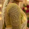 Olive gold Aari Blouse sleeve with detailed floral Maggam Work, Kundan stones and pearl border