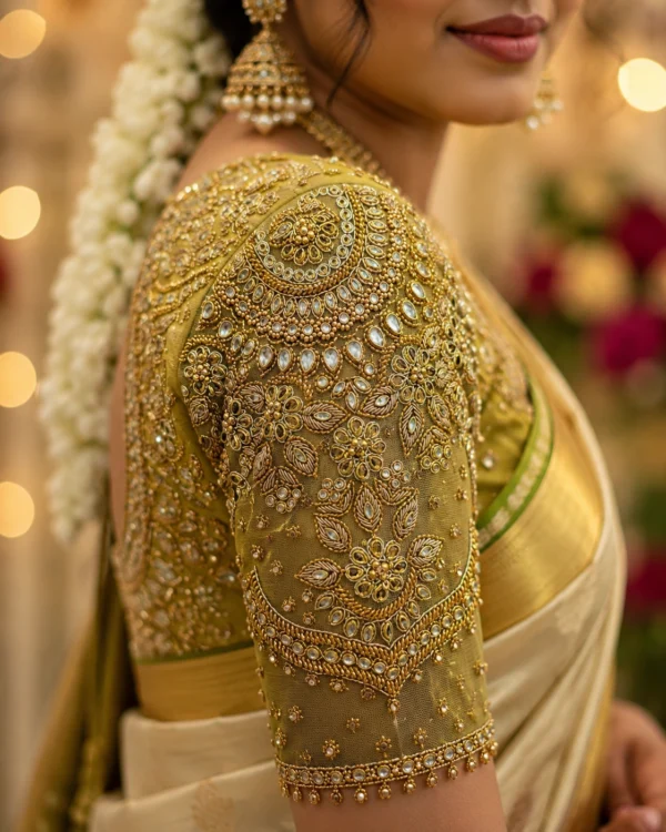 Olive gold Aari Blouse sleeve with detailed floral Maggam Work, Kundan stones and pearl border