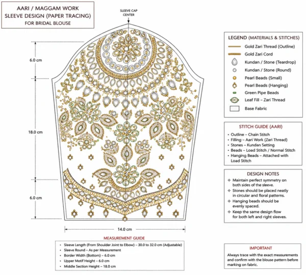 Olive gold Aari Blouse sleeve paper tracing design for floral Kundan and Maggam embroidery