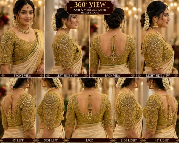 Olive gold Aari Bridal Blouse 360 degree view showing front, back and detailed embroidered sleeves