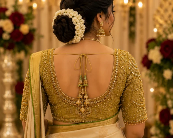 Olive gold Aari Bridal Blouse back view with embroidered U neck, Kundan work and bridal tassels
