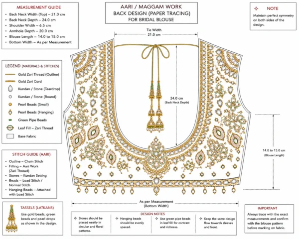 Olive gold Aari Bridal Blouse back paper tracing blueprint with Kundan embroidery layout