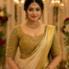 Olive gold Aari Bridal Blouse front view with floral Maggam Work and Kundan embroidery
