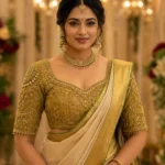 Olive gold Aari Bridal Blouse front view with floral Maggam Work and Kundan embroidery