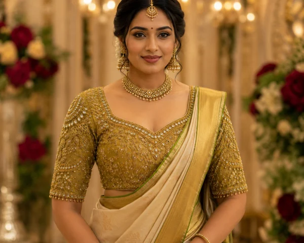Olive gold Aari Bridal Blouse front view with floral Maggam Work and Kundan embroidery