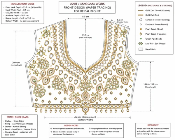 Olive gold Aari Bridal Blouse front paper tracing design for Aari embroidery artisans
