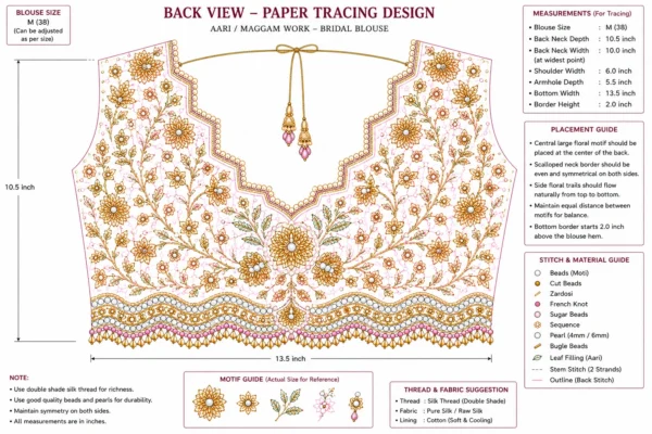 Back Aari blouse paper tracing design with floral Maggam embroidery neckline pattern