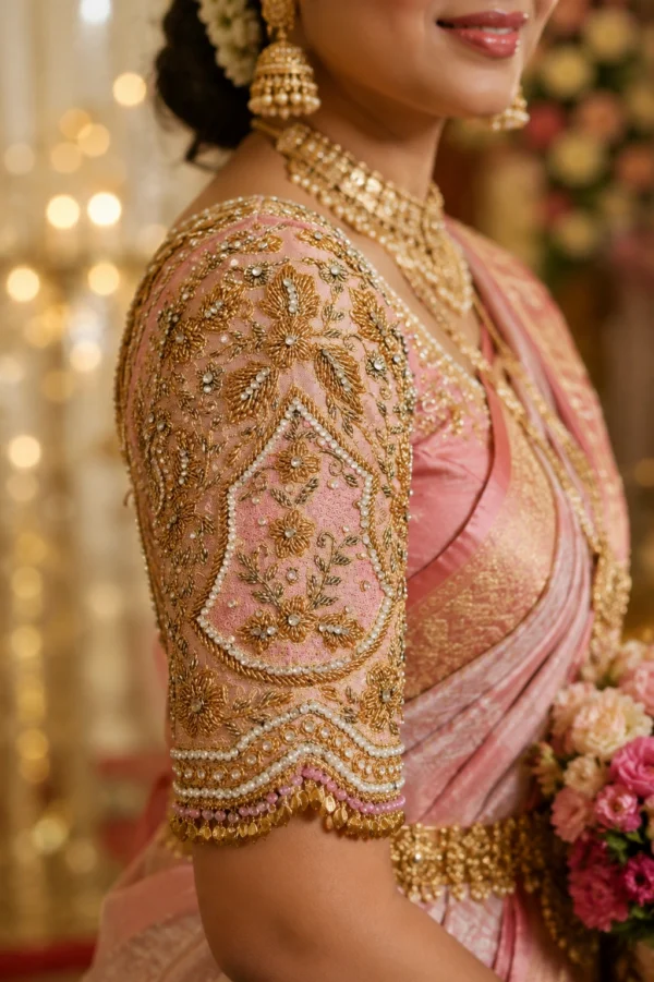 Pink gold Aari blouse sleeve detail with floral embroidery pearl beads and antique gold Maggam work