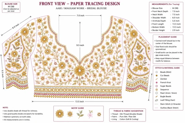Front Aari blouse paper tracing design with floral bridal embroidery pattern and measurements