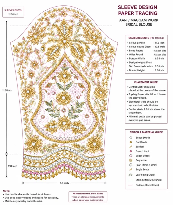 Aari blouse sleeve paper tracing design with floral motifs pearl border and Maggam work pattern